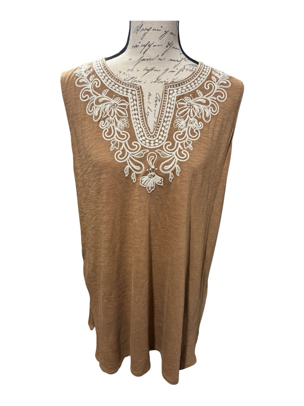 J Jill Womens Shirt Tank Tunic Size Medium Brown Embroidered Casual Boho Hippie